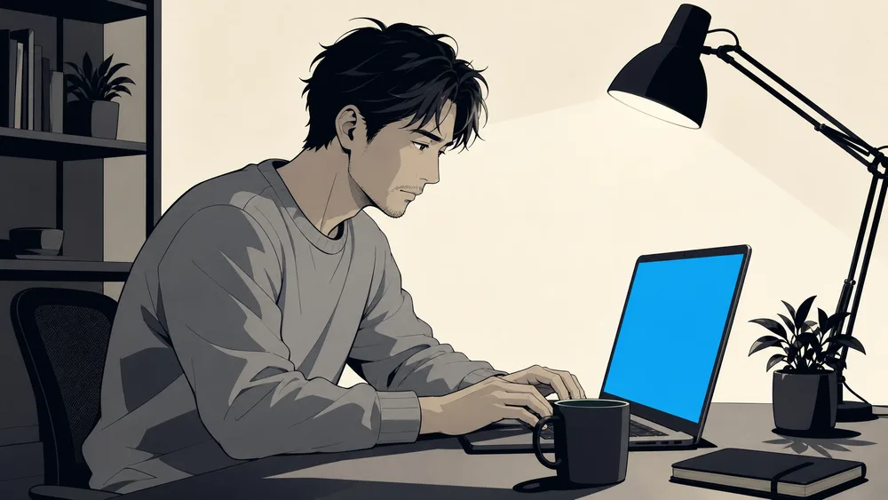 夜の自宅でノートパソコンに向かって学習を進める30代の人