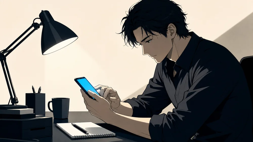 スマートフォンで予約枠を選ぶ30代の男性と机の上のメモ帳