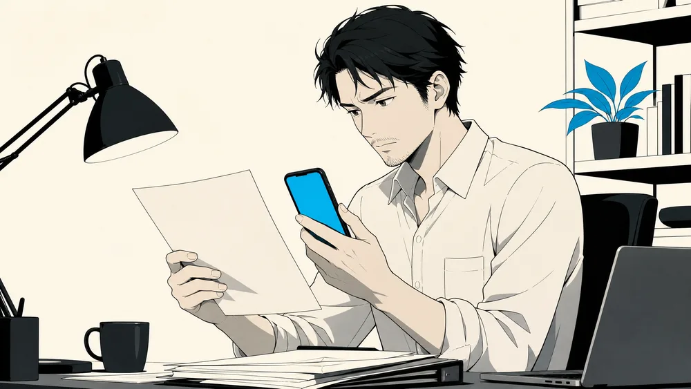 書類とスマートフォンを見比べて加入期間を確かめる30代の人